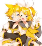  1boy 1girl arm_warmers bangs bare_shoulders bass_clef black_collar black_sleeves blonde_hair blue_eyes blush bow brother_and_sister collar commentary english_commentary fang grin hair_bow hair_ornament hairclip half-closed_eyes hand_up headphones headset kagamine_len kagamine_rin locked_arms looking_at_viewer nail_polish neckerchief necktie open_mouth oyamada_gamata sailor_collar school_uniform shirt short_hair short_shorts shorts shoulder_tattoo siblings sleeveless sleeveless_shirt smile spiked_hair swept_bangs tattoo treble_clef twins upper_body vocaloid w white_background white_bow white_shirt yellow_nails yellow_neckwear 