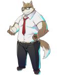  2020 3:4 anthro bottomwear brown_body brown_fur canid canine canis clothing domestic_dog eyewear fur glasses hi_res humanoid_hands kemono male mammal necktie overweight overweight_anthro overweight_male pants shiike999 shirt simple_background solo topwear white_background white_body white_fur 