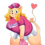  1:1 blonde_hair blue_eyes breasts clothing felid female gloves grape_jelly_(artist) hair handwear hat headgear headwear humanoid kbo_league lion mammal pantherine pinkleo samsung_lions smile solo 