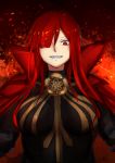  1girl black_bodysuit bodysuit breasts cape fate/grand_order fate_(series) fire grin hair_over_one_eye highres large_breasts long_hair looking_at_viewer oda_nobunaga_(fate)_(all) oda_nobunaga_(maou_avenger)_(fate) oda_uri red_cape red_eyes red_hair selarz sharp_teeth smile solo teeth upper_body 