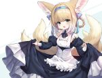  2020 accessory animal_humanoid arknights blonde_hair blush canid canid_humanoid canine canine_humanoid clothing dress female fox_humanoid hair hair_accessory hairband hi_res humanoid maid_uniform mammal mammal_humanoid multi_tail open_mouth ribbons simple_background smile solo spica_1510 suzuran_(arknights) uniform white_background young 