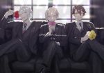  3boys absurdres anniversary arm_around_neck backlighting brown_hair chromatic_aberration closed_mouth couch crossed_legs flower flower_request formal grin hair_between_eyes highres holding holding_flower idol idolish_7 kujou_tenn long_sleeves looking_at_viewer male_focus multiple_boys necktie pink_flower red_eyes red_flower short_hair sitting smile striped striped_neckwear suit tsunashi_ryuunosuke unapoppo white_hair window yaotome_gaku yellow_eyes yellow_flower 