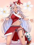  1girl absurdres animal_ears barefoot breasts cleavage dark_skin dark_skinned_female erune fang flower fur_trim granblue_fantasy grey_hair hat heart highres incoming_hug kneeling large_breasts long_hair meropan midriff navel nemone open_mouth santa_costume santa_hat smile solo stomach thong 