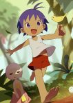  1boy 1girl :d animal antenna_hair bare_arms barefoot bird bird_on_hand blue_eyes blue_hair child commentary_request dark_skin dark_skinned_male day dress dutch_angle guu hare jungle jungle_wa_itsumo_hare_nochi_guu leaf nature noeyebrow_(mauve) open_mouth outdoors outstretched_arms pink_hair red_shorts running short_hair shorts signature smile strapless strapless_dress tank_top tareme 