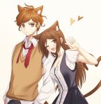  1boy 1girl :d ahoge animal_ear_fluff animal_ears bangs black_dress blush breasts brown_eyes brown_hair cat_ears cat_girl cat_tail cleavage collarbone collared_shirt danganronpa_another dress frills hand_up heart heart_tail hetero highres long_hair long_sleeves looking_at_viewer maeda_yuki one_eye_closed open_mouth pants ppakunak red_neckwear ribbon shirt short_hair short_sleeves simple_background smile tail taira_akane undone_necktie white_shirt 