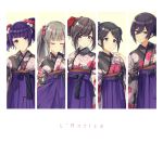  5girls bangs black_hair blue_eyes bow brown_eyes brown_hair closed_eyes collage commentary_request diagonal_bangs earrings floral_print flower grey_hair hair_between_eyes hair_bow hair_bun hair_flower hair_ornament hair_ribbon hakama highres idolmaster idolmaster_shiny_colors japanese_clothes jewelry kimono l&#039;antica lace-trimmed_kimono lace_trim long_hair looking_at_viewer mitsumine_yuika multiple_girls nail_polish no_eyewear print_kimono purple_eyes purple_hair purple_hakama ribbon rose_print shirase_sakuya short_hair short_twintails suke_(momijigari) swept_bangs tanaka_mamimi tied_hair tsukioka_kogane twintails yellow_background yellow_eyes yuukoku_kiriko 