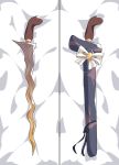  alifia anya_melfissa black_ribbon bow bowtie brooch dakimakura_(medium) gradient hololive hololive_indonesia jewelry kris_(sword) no_humans objectification on_bed ribbon sheath sheathed solo sword too_literal virtual_youtuber weapon white_bow 