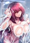  1girl against_glass bathroom breast_press breasts cleavage fate/grand_order fate_(series) highres large_breasts looking_at_viewer nude purple_hair red_eyes saboten_teishoku scathach_(fate)_(all) scathach_(fate/grand_order) shower_(place) shower_head showering smile soap soap_bubbles solo tile_wall tiles wet wet_hair 