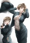  1girl arms_up ass bandages bangs belt breasts brown_eyes cleavage collared_shirt commentary_request dog_tags eyepatch gun hair_bun handgun higano_(ktnc7452) high_ponytail highres holding holding_gun holding_weapon jacket jewelry large_breasts looking_at_viewer military military_jacket military_uniform mole mole_under_eye multiple_views necklace one_eye_covered open_clothes open_jacket original parted_lips pistol shirt shirt_tucked_in uniform weapon white_shirt 