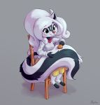  2020 absurd_res anthro black_body black_fur brushing_tail chair clothed clothing eyewear female fully_clothed fur furniture glasses grey_background hair hi_res mammal mephitid personal_grooming ruribec signature simple_background sitting skunk smile solo white_body white_fur white_hair 