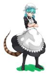  1girl :t alternate_costume alternate_hairstyle apron back_bow black_footwear black_legwear blue_eyes blue_hair blush bow center_frills collar commentary_request crossed_arms dress enmaided eyebrows_visible_through_hair frilled_collar frills full_body high_collar highres kemono_friends kemono_friends_3 long_dress maid maid_apron mary_janes pantyhose pout puffy_short_sleeves puffy_sleeves shoes short_hair short_sleeves short_twintails snake_print snake_tail solo tail tanabe_(fueisei) tsuchinoko_(kemono_friends) twintails white_apron white_dress white_headwear 