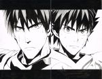  2boys closed_mouth eyeshield_21 football_uniform greyscale highres kobayakawa_sena looking_at_viewer monochrome multiple_boys murata_yuusuke official_art scan spiked_hair sportswear sweat teikoku_alexanders traditional_media 