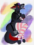  anthro balls canid canine canis clothing dizzy_squid ear_piercing feminization genitals girly hair handcuffs hi_res legwear male mammal nikko_(character) piercing purple_hair shackles solo stockings wolf 