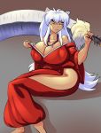  absurd_res animal_humanoid bedroom_eyes big_breasts breasts canid canine canis clothed clothing crossgender demon domestic_dog female fur hair half-closed_eyes hi_res humanoid inuyasha inuyasha_(character) looking_at_viewer mammal melee_weapon narrowed_eyes not_furry seductive simple_background smile solo sword thebigbadwolf01 weapon white_body white_fur 