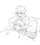  2boys blush book cheek_pinching closed_eyes closed_mouth greyscale happy highres idolish_7 kujou_tenn lap_pillow long_sleeves male_focus monochrome multiple_boys nanase_riku pajamas pillow pinching sitting smile unapoppo under_covers yaoi 