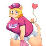  1:1 blonde_hair blue_eyes breasts clothing felid female gloves grape_jelly_(artist) hair handwear hat headgear headwear humanoid kbo_league lion mammal pantherine pinkleo samsung_lions smile solo 