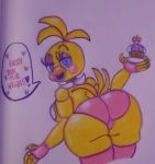  animate_inanimate animatronic anthro avian beak bib bird blue_eyes breasts butt butt_focus chicken clothing cupcake cupcake_(fnaf) deezypeezy dialogue english_text feathers female five_nights_at_freddy&#039;s five_nights_at_freddy&#039;s_2 food food_creature galliform gallus_(genus) head_tuft holding_food holding_object knee_highs legwear looking_at_viewer looking_back machine non-mammal_breasts open_mouth panties phasianid pink_cheeks pink_clothing pink_underwear presenting presenting_hindquarters robot solo speech_bubble tail_feathers text toy_chica_(fnaf) traditional_media_(artwork) tuft underwear video_games 