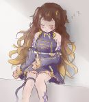  1girl anya_melfissa anya_melfissa_(1st_costume) bare_shoulders brown_hair closed_eyes gradient_background grey_background highres hololive hololive_indonesia legs light_blush multicolored_hair open_mouth shade shaded_face shironekokfp sitting sleeping sleeping_upright virtual_youtuber 