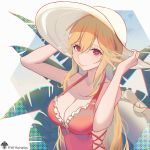  1girl azur_lane bangs bare_shoulders blonde_hair breasts bright_pupils chinese_commentary cleavage closed_mouth collarbone commentary_request hair_between_eyes hat highres huangmao long_hair looking_at_viewer one-piece_swimsuit red_eyes red_swimsuit richelieu_(azur_lane) richelieu_(flagship_in_the_sea_breeze)_(azur_lane) sidelocks solo sun_hat swimsuit upper_body white_pupils 