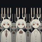  6+others avogado6 black_background bow bowtie bright_pupils long_sleeves looking_at_viewer multiple_others necktie no_mouth original red_bow red_eyes red_neckwear tuning_fork white_hair white_pupils 