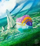  blue_sky city cloud cloudy_sky commentary dated day dofresh dutch_angle english_commentary flying forest highres landscape nature outdoors scenery science_fiction signature singularity&#039;s_children sky smoke space_craft tower 