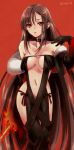  1girl arm_strap bare_shoulders black_dress black_gloves black_jacket blush breasts brown_hair center_opening choker cleavage collarbone consort_yu_(fate) cropped_jacket dress earrings elbow_gloves fate/grand_order fate_(series) fire fur-trimmed_jacket fur_trim gloves jacket jewelry long_hair medium_breasts multiple_earrings navel off_shoulder open_clothes open_jacket parted_lips red_background red_eyes ribbon-trimmed_dress seeds328 sword thighs very_long_hair weapon 