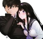  1boy 1girl bangs black_hair black_jacket black_sailor_collar blush breast_press breasts brown_eyes brown_hair chitanda_eru closed_mouth gakuran green_eyes hand_on_another&#039;s_chest hand_on_own_cheek hand_on_own_face hetero highres hyouka jacket kamiyama_high_school_uniform large_breasts long_hair long_sleeves looking_at_another mery_(yangmalgage) neckerchief oreki_houtarou purple_eyes sailor_collar school_uniform serafuku shirt short_hair signature upper_body white_shirt 