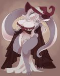  2020 3_toes anthro big_breasts breasts bunnywhiskerz clothing countershading curvy_figure dragon female grey_body hair hat headgear headwear hi_res huge_breasts long_hair long_tail looking_at_viewer silver_hair smile solo standing thick_thigh toes voluptuous white_countershading wide_hips witch_hat 