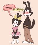  &lt;3 accessory animaniacs anthro belt black_body black_fur blush bodily_fluids bottomwear bow brother brother_and_sister brown_bottomwear brown_clothing brown_pants bulge clothed clothing daddy_kink dialogue dirtyytoons dot_warner dress duo female fur gloves hands_in_pockets handwear incest_(lore) inkblot male mammal pants pink_clothing pink_dress pockets sibling simple_background sister smile speech_bubble sweat sweatdrop text warner_brothers yakko_warner young 