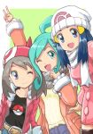 3girls :d ;) ;d bangs beanie belt black_shirt blue_eyes blue_hair blush boots breasts brown_hair closed_mouth collarbone dawn_(pokemon) denim green_background hat jacket jeans lisia_(pokemon) long_hair looking_at_viewer may_(pokemon) medium_breasts menome multiple_girls one_eye_closed open_mouth orange_jacket pants pink_coat poke_ball pokemon pokemon_(game) pokemon_dppt pokemon_oras pokemon_platinum pokemon_rse red_bandana red_jacket scarf shirt small_breasts smile swept_bangs thigh_boots thighhighs upper_body white_headwear white_scarf winter_clothes yellow_shirt 