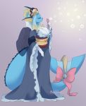  2020 anthro asian_clothing black_nose blowing_bubbles blue_body breasts bunnywhiskerz clothing east_asian_clothing eeveelution eyes_closed female hi_res holding_object nintendo pok&eacute;mon pok&eacute;mon_(species) ribbons simple_background solo standing tail_ribbon vaporeon video_games 