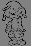  2020 aliasing alien belt bottle bottomwear by-nc-nd clothed clothing creative_commons crossgender disney elastico experiment_(lilo_and_stitch) eyelashes female footwear grey_background greyscale holding_bottle holding_object juggalo kajabuubuu lilo_and_stitch looking_at_viewer monochrome mtf_crossgender semi-anthro shirt shoes shorts simple_background smile sneakers solo tank_top tongue tongue_out topwear 