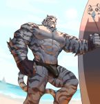  1boy abs absurdres alternate_costume animal_ears arknights bara bare_pecs beach black_male_underwear bulge contrapposto feet_out_of_frame fingerless_gloves flaccid furry gloves highres looking_at_viewer male_focus male_swimwear mountain_(arknights) muscle navel nipples pectorals scar scar_across_eye short_hair solo surfboard swim_briefs swimwear tail thick_thighs thighs tiger_boy tiger_ears tiger_stripes tiger_tail white_eyes white_fur white_hair xianyusamuel 