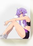  1girl arms_on_knees blush commentary from_side grin hair_ornament half-closed_eyes heavy_breathing highres knee_blush knees_up looking_at_viewer looking_to_the_side purple_eyes purple_hair shoes short_hair_with_long_locks short_shorts shorts shoulder_blush sidelocks sitting smile sneakers solo sports_bra sweat visible_air vocaloid voiceroid yuzuki_yukari zooanime 