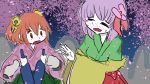  2girls alcohol blush bottle cherry_blossoms drink drunk flower hair_flower hair_ornament hieda_no_akyuu holding holding_bottle japanese_clothes komeiji_koishi&#039;s_heart_throbbing_adventure motoori_kosuzu multiple_girls orange_hair outdoors party purple_hair sake sentaku-bune touhou 