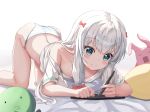 1girl absurdres all_fours ass blue_eyes blush bow breasts downblouse drawing eromanga_sensei hair_bow highres izumi_sagiri long_hair no_pants off_shoulder panties ribbon short_sleeves silver_hair simple_background small_breasts smile solo striped striped_panties stuffed_toy stylus tablet_pc thighs top-down_bottom-up underwear white_background zeroillya 