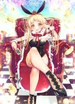  1girl :d ace_of_hearts animal_ears arm_rest armchair bang_dream! bangs bare_legs black_footwear black_leotard blonde_hair blush bow breasts bunny_ears cape card casino chair checkered checkered_floor cleavage commentary_request crossed_legs crown fake_animal_ears falling_card full_body fur-trimmed_cape fur_trim hair_spread_out highres jack_of_diamonds king_of_spades leotard light_particles long_hair looking_at_viewer medium_breasts mini_crown no_socks on_chair open_mouth partial_commentary playboy_bunny playing_card poker_chip red_bow red_cape red_neckwear roulette_table shoes sidelocks sitting sleeveless smile solo strapless strapless_leotard swept_bangs thigh_strap thighlet tsurugi_hikaru tsurumaki_kokoro wrist_cuffs yellow_eyes 
