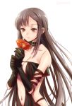  1girl arm_strap bangs bare_shoulders black_dress black_gloves blush breasts brown_eyes brown_hair center_opening choker cleavage collarbone consort_yu_(fate) dress earrings elbow_gloves fate/grand_order fate_(series) flower gloves holding holding_flower jewelry long_hair medium_breasts multiple_earrings navel ribbon-trimmed_dress seeds328 smile very_long_hair 