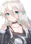  1girl absurdres aqua_eyes black_shirt cevio choker commentary hands_up highres homumaru ia_(vocaloid) long_hair looking_at_viewer off-shoulder_shirt off_shoulder platinum_blonde_hair shirt sidelocks sketch smile upper_body vocaloid white_background 