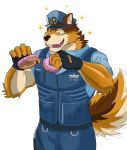  absurd_res anthro barrel_(live-a-hero) canid canine canis clothing dessert doughnut fingerless_gloves food gloves handwear hi_res iroh_art live-a-hero male mammal police police_hat police_officer police_uniform solo sparkles uniform wolf 