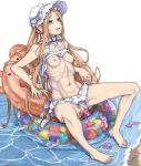  1girl abigail_williams_(fate/grand_order) abigail_williams_(swimsuit_foreigner)_(fate) absurdres barefoot bikini blonde_hair blue_eyes blush bonnet breasts condom dildo drooling fate/grand_order fate_(series) highres innertube long_hair navel nipples object_insertion open_mouth pussy pussy_juice sex_toy small_breasts solo spread_legs swimsuit tears used_condom vaginal vaginal_object_insertion white_bikini yossyzero 