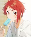  1boy eating food hair_ornament hairclip highres holding holding_food hot idolish_7 looking_at_viewer male_focus nanase_riku popsicle red_eyes red_hair shirt short_hair short_sleeves solo sweat t-shirt unapoppo upper_body white_shirt 