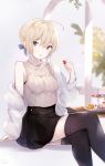  1girl ahoge arm_support artoria_pendragon_(all) bangs bare_shoulders beige_sweater black_legwear black_skirt blonde_hair blue_ribbon blush braid breasts commentary_request crossed_legs fate/stay_night fate_(series) feet_out_of_frame food fruit green_eyes hair_ribbon highres holding holding_food holding_fruit jacket long_sleeves looking_at_viewer medium_breasts off_shoulder open_clothes open_mouth ribbed_sweater ribbon saber sai_(saipoko) short_hair sitting skirt sleeveless solo strawberry sweater sweater_tucked_in thighhighs white_jacket zettai_ryouiki 