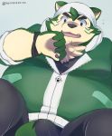  2020 anthro black_nose bodily_fluids bulge canid canine canis clothing domestic_dog fur green_body green_fur hi_res humanoid_hands kemono live-a-hero male mammal mokdai neocerapaima overweight overweight_anthro overweight_male shirt solo sweat topwear video_games 
