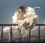  1girl absurdres barrier blue_sky brown_eyes brown_hair cityscape cloud dress hat highres looking_at_viewer original sitting sky sun_hat white_dress wind zhibuji_loom 