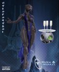  3d_(artwork) absurd_res alcohol alien beverage black_body breasts champagne clothed clothing digital_media_(artwork) dress female halo_(series) hi_res humanoid lewdxcube mammal microsoft monitor no_underwear sangheili skimpy tattoo video_games wide_hips womb_tattoo xbox_game_studios zuya_tarumai_(oc) 