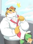  2020 3:4 ? anthro belly black_nose blush bottomwear bulge clothing felid fur humanoid_hands kemono male mammal necktie noichi_53 overweight overweight_anthro overweight_male pantherine pants shirt solo tiger topwear underwear white_body white_fur yellow_body yellow_fur 