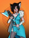  anthro black_hair blush clothed clothing cosplay digital_media_(artwork) domestic_cat dress epic_games felid feline felis female fortnite gun hair hi_res holding_object holding_weapon humanoid legwear mammal mapplesfactory moira ranged_weapon simple_background smile solo stockings video_games weapon 