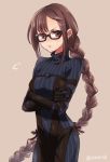  1girl arm_strap bangs black_dress black_gloves blue_dress blush braid braided_ponytail breasts brown_eyes brown_hair center_opening consort_yu_(fate) crossed_arms dress earrings elbow_gloves fate/grand_order fate_(series) glasses gloves jewelry layered_dress long_hair long_sleeves looking_at_viewer medium_breasts multiple_earrings ribbed_dress ribbon-trimmed_dress seeds328 single_braid very_long_hair 