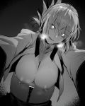  1girl bangs bar_censor braid braided_ponytail breasts censored collarbone fate/grand_order fate_(series) florence_nightingale_(fate/grand_order) glowing glowing_eyes greyscale highres hxd large_breasts leaning_forward licking_lips long_hair long_sleeves looking_at_viewer military_jacket monochrome nipples pussy smile sweat thighs tongue tongue_out 